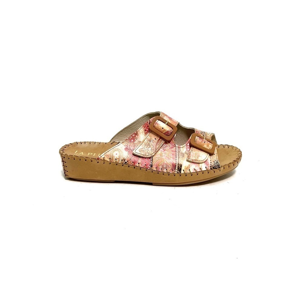 Vintage Y2K deadstock brown leather pink printed buckle wedge walking sandals - Picture 2 of 8